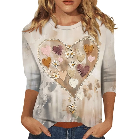 Valentines Day Tops for Her Crew Neck Letter Printed Shirts Graphtic Pink Red 3/4 Sleeve Plus Size Gift T-shirts Lovely Heart Funny Love You Patterned Blouses Khaki M