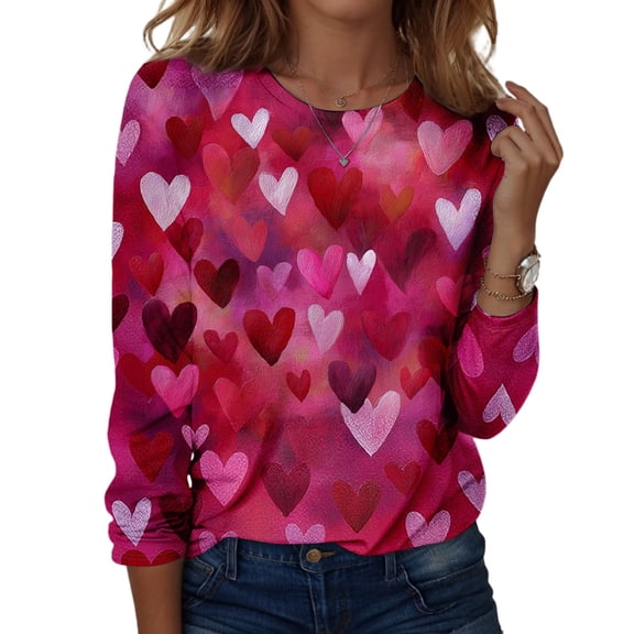 Valentines Day Tops for Her Long Sleeve Plus Size Love You Patterned Shirts Letter Printed Crew Neck Anniversary Tees Lovely Heart Happy Graphtic Pink Red T-shirts Light pink 2XL