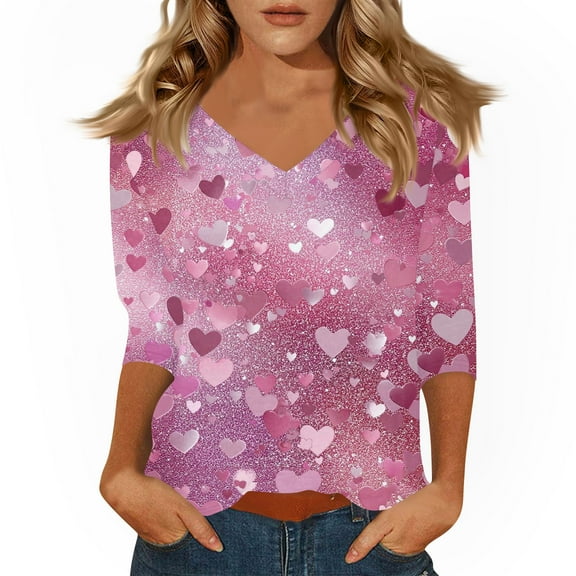 Valentines Day Tops for Her V Neck Graphtic Pink Red Shirts Love You Patterned 3/4 Sleeve Plus Size Gift Tees Lovely Heart Happy Letter Printed T-shirts Purple Pink M