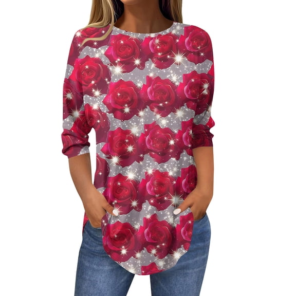 Valentines Day Tops for Wife Long Sleeve Plus Size Love You Patterned Shirts Letter Printed Crew Neck Trendy T-shirts Lovely Heart Happy Graphtic Pink Red Tees Watermelon Red S