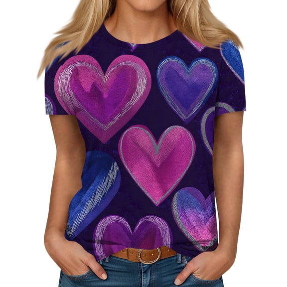 Valentines Day Tops for Women Crew Neck Letter Printed Shirts Love You Patterned Short Sleeve Plus Size Casual Blouses Lovely Heart Gift Graphtic Pink Red T-shirts Purple S
