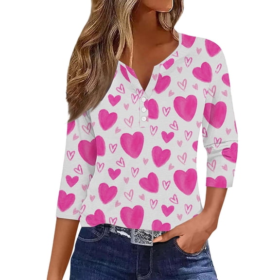 Valentines Day Tops for Women Summer 3/4 Sleeve Blouses Cute Love Heart Print Graphic Tee V Neck T-Shirts Button Down Tops Casual Henley Neck Plus Size Shirt With Button Comfy Tee Hot Pink S-3Xl