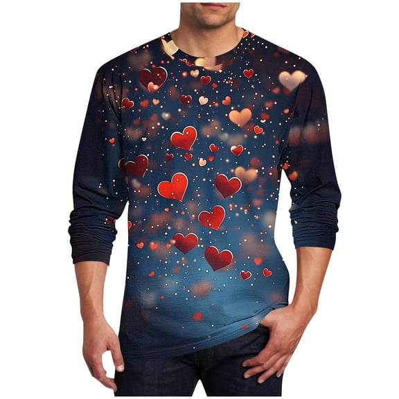 Valentines Day Tops for Men Big&tall Casual Loose Long Sleeve Round Neck Graphic Print Pullover Tops (4XL, Multicolor)