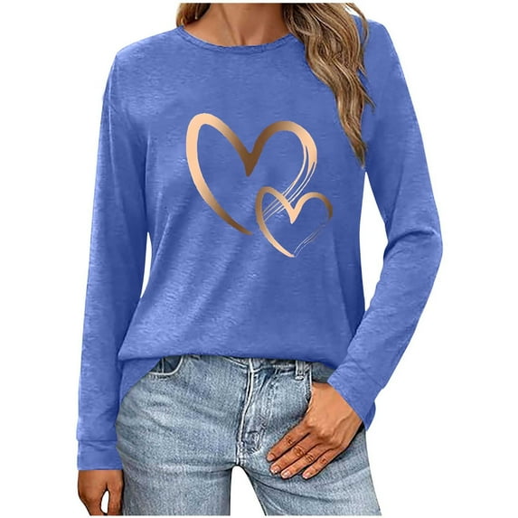 Valentines Day Tops for Women Long Sleeve Shirts Cute Dual Heart Print Tshirt Crewneck Tunic Blouse