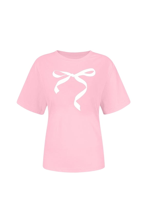 Valentines Day Tops for Women Pink Cute Bow Print T-Shirt - Soft Casual Short Sleeve Tee for Date Night & Gift,Size 3XL