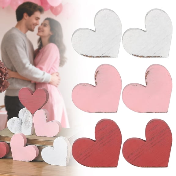 Valentines Day Tray Decor 6pcs Red White Rustic Distressed Wood Heart Table Decorations Sign, Galentines Valentine Decorations for Home Table Dcor Anniversary