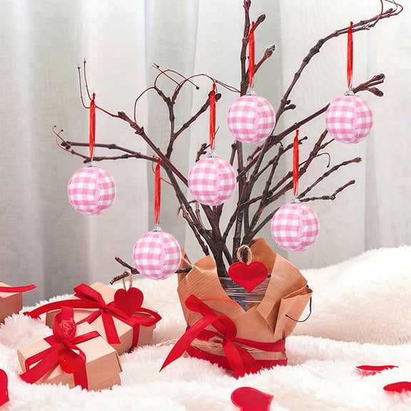 Valentines Day Tree Decorations, Small Wrapped Cloth Ball Table Top Artificial Trees Decor with White Branches and Hanging Ornaments
