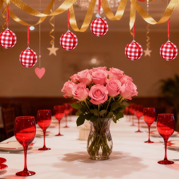 Valentines Day Tree Decorations, Small Wrapped Cloth Ball Table Top Artificial Trees Decor with White Branches and Hanging Ornaments