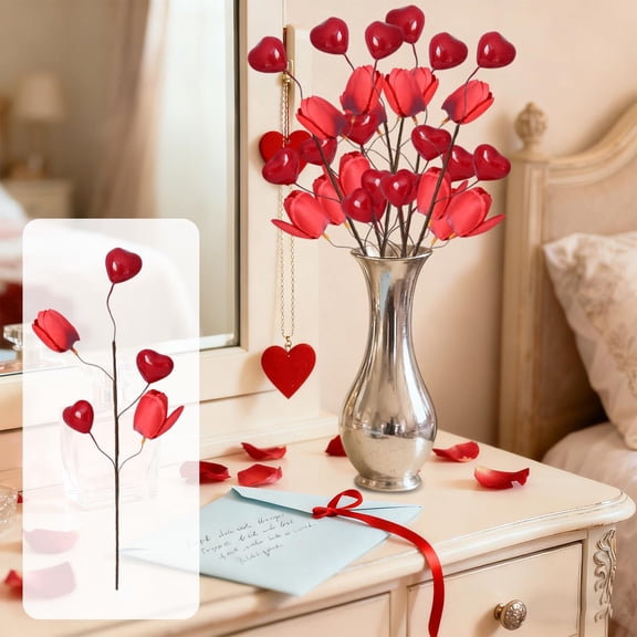 Valentines Day Twig Bouquet - Heart Berry Sprigs, Festive Home Decor, Reusable Desktop Ornament for Wedding Party or Housewarming Gift