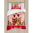 thumbnail image 1 of Valentines Day Twin Size Duvet Cover Set, Owls in Love Print Cute Partners Couples Boho Style Hearts Flowers Dots, Decorative 2 Piece Bedding Set with 1 Pillow Sham, Pink Red Yellow, by Ambesonne, 1 of 3