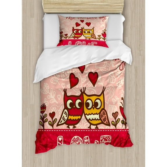 Valentines Day Twin Size Duvet Cover Set, Owls in Love Print Cute Partners Couples Boho Style Hearts Flowers Dots, Decorative 2 Piece Bedding Set with 1 Pillow Sham, Pink Red Yellow, by Ambesonne
