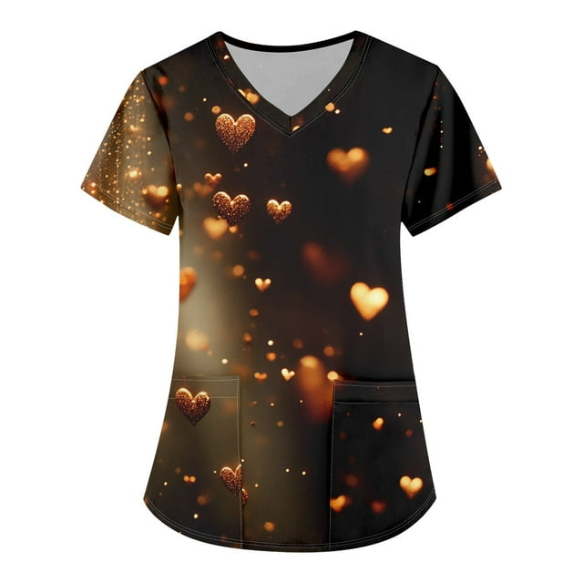 Valentines Day Under Scrub Tops for Women Love Heart Printed V Neck Breathable Workwear Shirt Short Sleeve Professionals Soft Stretch T-Shirts with Pockets gold Large