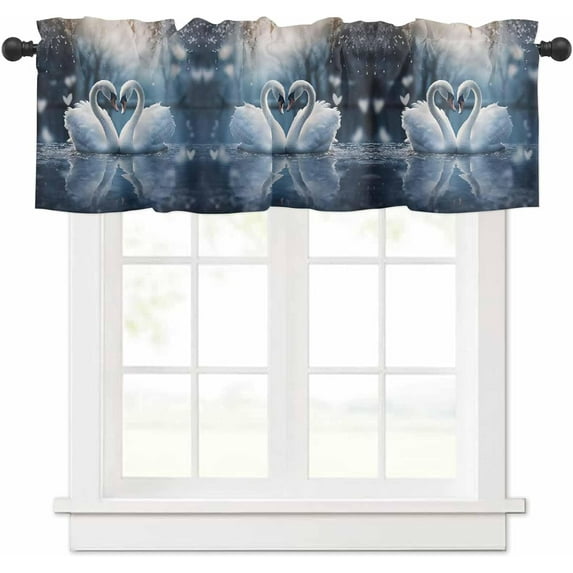 Valentines Day Valance Curtain Love Heart Swans Lake Valentines Kitchen Curtains Winter White Feather Valentines Curtains for Bathroom Bedroom Living Room 54 X 18 Inch, 1 Panel