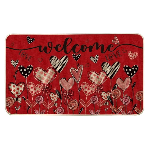 Valentines Day Welcome Doormat Non Slip Indoor Outdoor Entrance Mat for Holiday Home Decor Decorative Floor Carpet with Heart Design for Front Door Porch Patio Garage Housewarming Gift for Couples