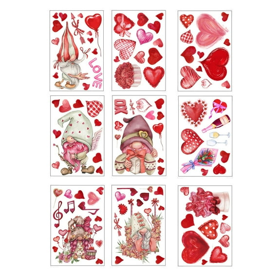 Valentines Day Window Clings for Glass, 9 Sheets Valentine's Day Window Wall Cling Stickers for Office Decorations, Valentine Red Pink Heart Gnome Clings Decals for Indoor Home Shop Kitchen Decor