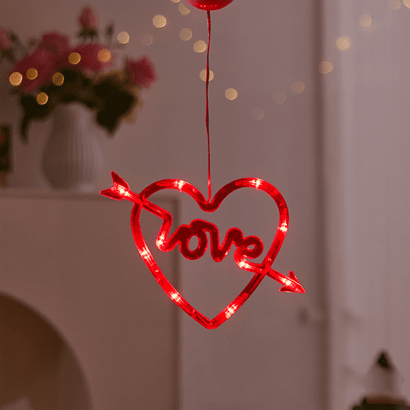 Valentines Day Window Lights,1PCS Battery Operated Indoor String Lights,String Lighted Heart Shaped Silhouette Sucker LED for 2026 Fireplace for Home Wedding Anniversary(Red)
