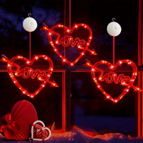 Valentines Day Window Lights Decor, Battery Operated Red Heart-Shaped Window Decorations,Window Silhouette Decoration,Lights Heart for Valentine's Day, Wedding, Proposal, Birthday Decor