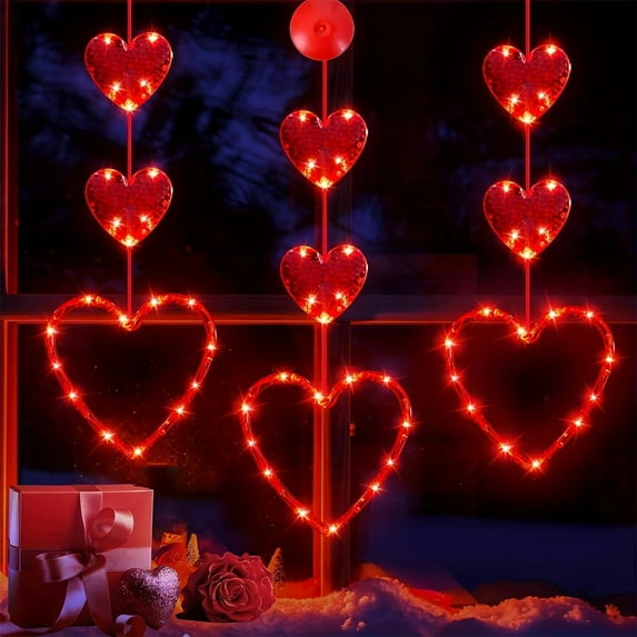Valentines Day Window Lights Decorations Set of 3, Battery Powered Hanging Lighted Heart Shaped LED Lights with Suction Cups for Holiday Fireplace Indoor Home Decor