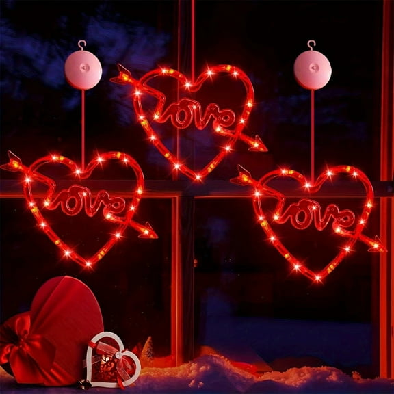 Valentines Day Window Lights Decorations with Timer, Battery Powered Hanging Red Lighted Heart Shaped Silhouette Sucker LED Lamp for Holiday Fireplace Indoor Home Decor