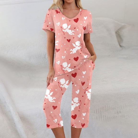 Valentines Day Women Pajama Set 2026 Lounge Heart Printed Plus Size Short Sleeve and Capri Trousers Sets with Pockets
