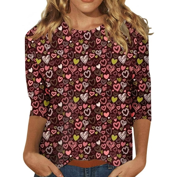 Valentines Day Women's Long Sleeve Tops Round Neck 3/4 Sleeve Plus Size Womens Tops