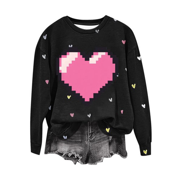 Valentines Day Womens Cute Heart Sweatshirts Oversized Hooded Sweater Crewneck Pullover Top Clothes