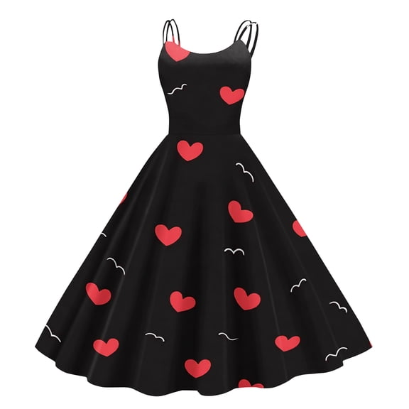 Valentines Day Womens Dress Crew Neck Letter Printed 1950s Dresses Lovely Heart Sleeveless Hepburn Trendy Clothes Cocktail Swing Love You Patterned Ladies Graphtic Pink Red Sundress Black L