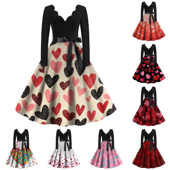 Valentines Day Womens Dress V Neck Love You Patterned Cocktail Swing Dresses Lovely Heart Long Sleeve 1950s Spring Outfits Hepburn Graphtic Pink Red Gift Letter Printed Clothes Khaki S