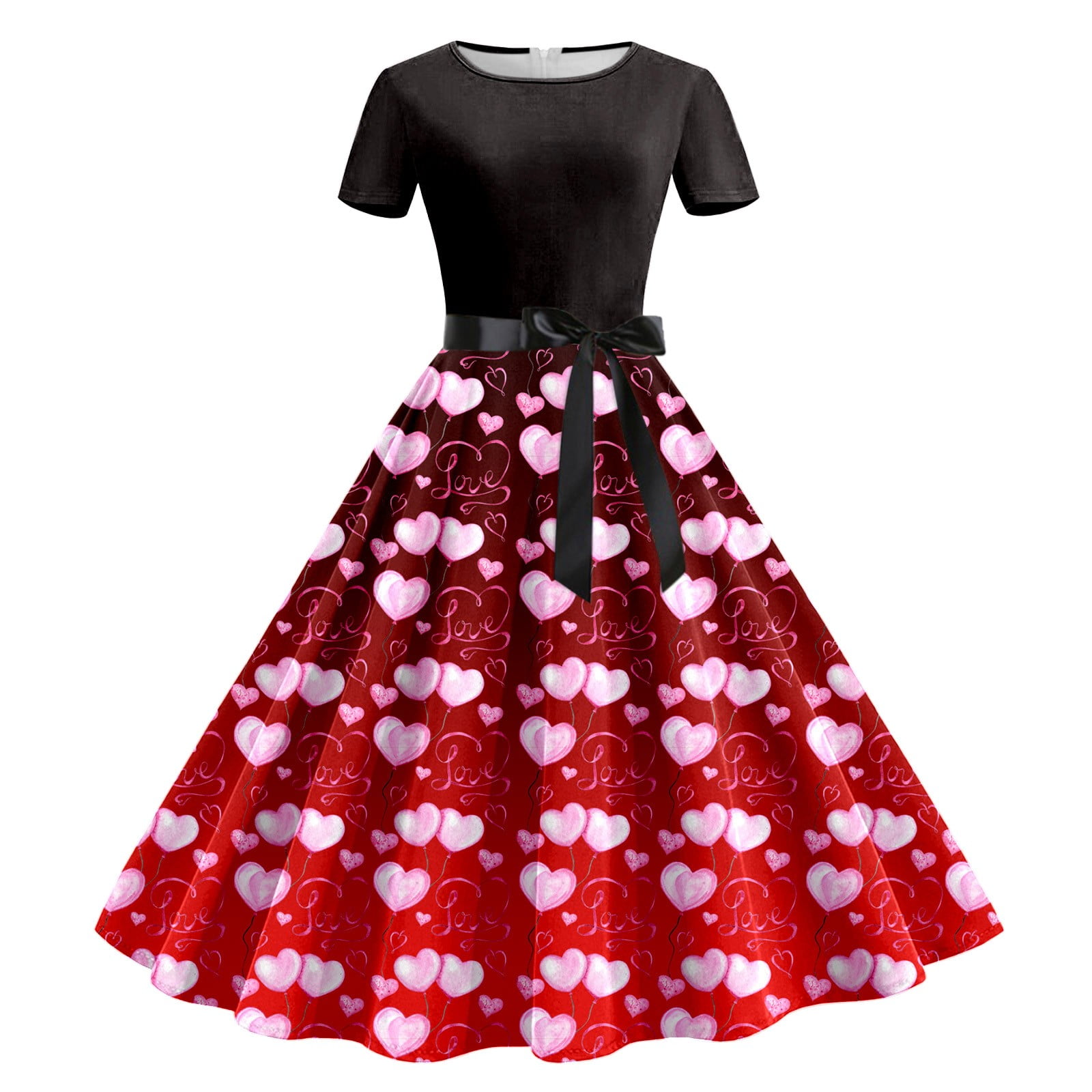 Valentines Day Womens Dresses Love Heart Print Short Sleeve Evening