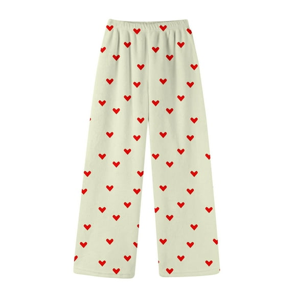 Valentines Day Womens Flannel Pajama Pants Fluffy Heart Print Winter Fuzzy Plush Pj Pants Elastic Waist Cute Sleepwear