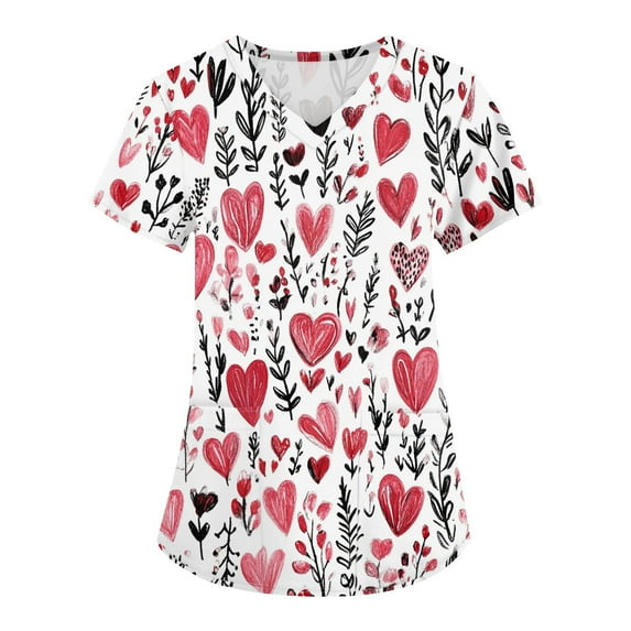 Valentines Day Womens Nurse Uniforms Summer Love Heart Printed V Neck Breathable Scrub Tops Short Sleeve Professionals Soft Stretch T-Shirts with Pockets watermelon red 3X-Large