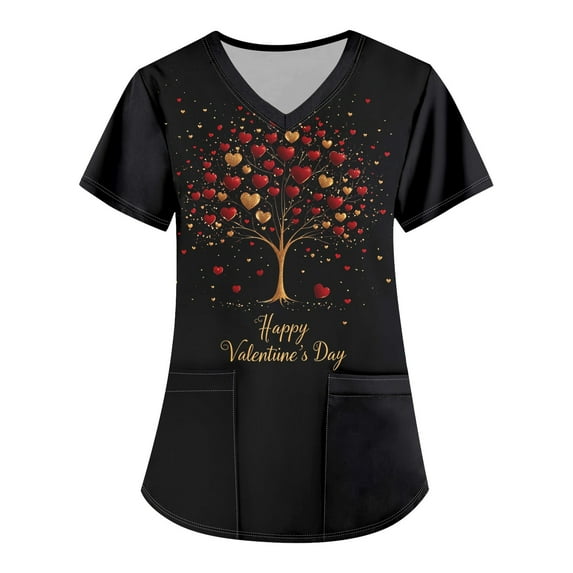Valentines Day Womens Nurse Uniforms Summer Love Heart Printed V Neck Breathable Workwear Shirt Short Sleeve Professionals Soft Stretch Scrub Tops with Pockets black 5X-Large