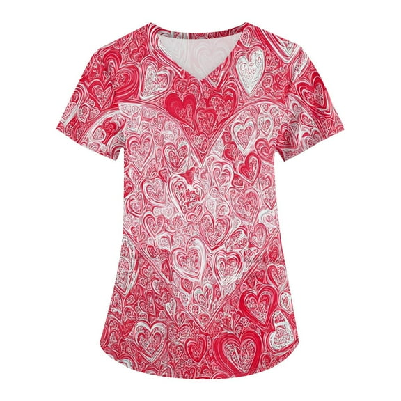 Valentines Day Scrub Tops Women Love Heart Printed V-Neck Breathable Workwear Shirt Short Sleeve Professionals Soft Stretch T-Shirts with Pockets  X-Large