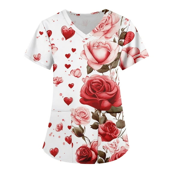 Valentines Day Womens Print Scrub Tops Love Heart Printed V-Neck Breathable Workwear Shirt Short Sleeve Professionals Soft Stretch T-Shirts with Pockets pink 5X-Large