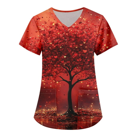Valentines Day Womens Scrub Tops Love Heart Printed V-Neck Breathable Scrub Tops Short Sleeve Professionals Soft Stretch Workwear Shirt with Pockets red X-Large