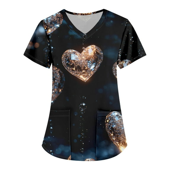 Valentines Day Womens Scrub Tops Love Heart Printed V Neck Breathable T-Shirts Short Sleeve Professionals Soft Stretch Workwear Shirt with Pockets black 5X-Large