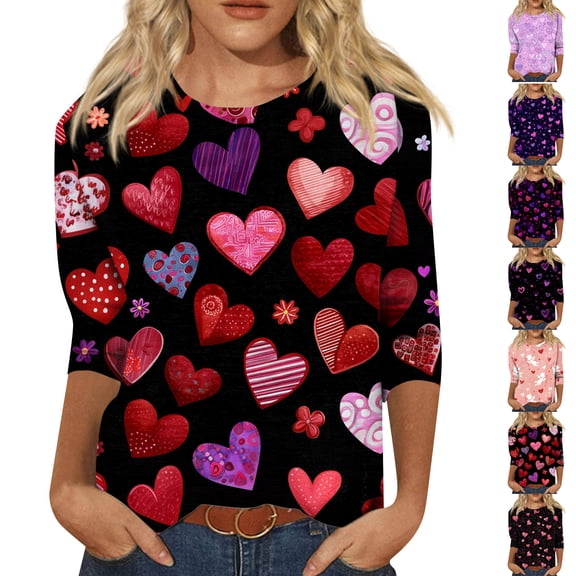 Valentines Day Womens Shirts Crew Neck Lovely Heart Tops Letter Printed 3/4 Sleeve Plus Size Funny Tees Graphtic Pink Red Cure Love You Patterned T-shirts Red L