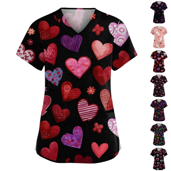 Valentines Day Working Scrubs Short Sleeve V Neck Heart Print Scrub Tops for Women Nurse Uniforms with Pockets Black M