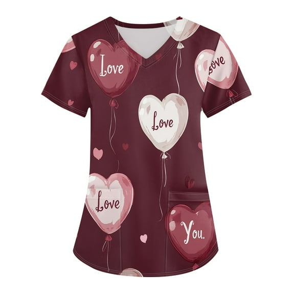 Valentines Day Working Uniform Shirts for Women Love Heart Printed V Neck Breathable T-Shirts Short Sleeve Professionals Soft Stretch Scrub Tops with Pockets watermelon red XX-Large