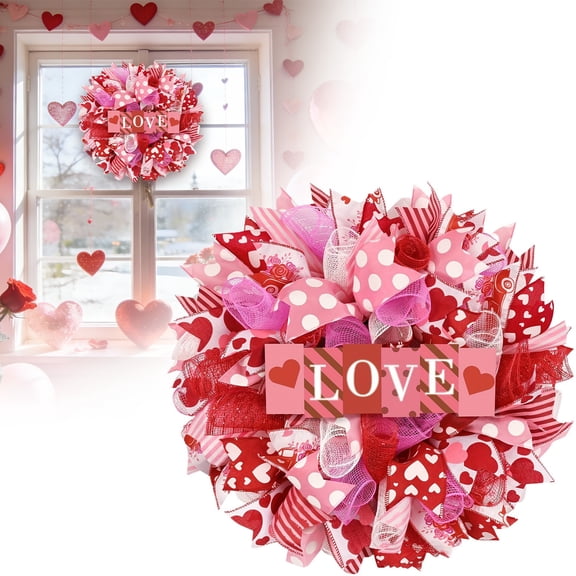 Valentines Day Wreath 13.8 inch Valentines Wreath Red Pink Fabric Ribbons Valentine Wreaths for Front Door Valentines Day Decorations Gifts Door Wreath for Wedding Anniversary Candlelight Dinner - A