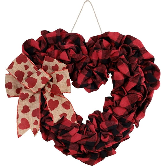 Valentines Day Wreath, 18 Inch Burlap Heart Wreath for Front Door, Valentine Door Wreath with Buffalo Plaid Bow, Farmhouse Valentine Day Decor Valentine Door Decorations for Home Outside