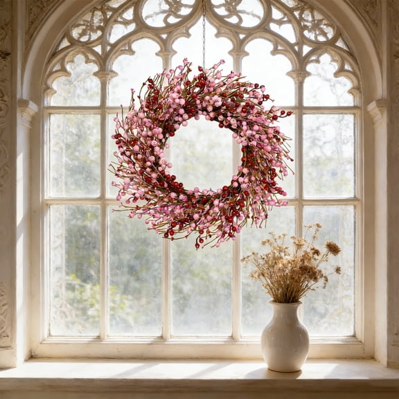 Valentines Day Wreath 22 Inch Valentines Day Wreaths for Front Door Artificial Valentines Day Door Wreath with Pink and Red Berries for Valentine's Day Anniversary Wedding Decor