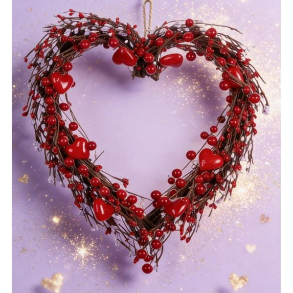 Valentines Day Wreath Decor, 16.5inch Artificial Red Pink Wreath with Rose, Valentines Heart Shaped Heart Shaped Wreath for Front Door Wedding Anniversary Party Candlelight Dinner Decorations