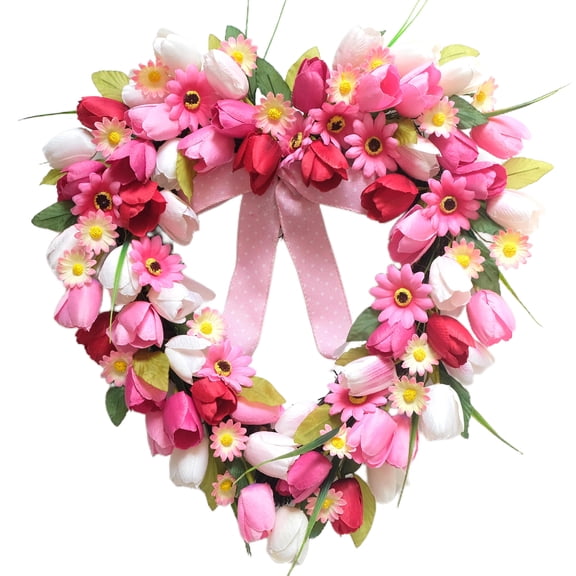 Valentines Day Wreath Decor, 22inch Artificial Pink Wreath with Tulip Berry Green Leaf Element, Valentines Wreaths for Front Door Wedding Anniversary Party Candlelight Dinner Decorations