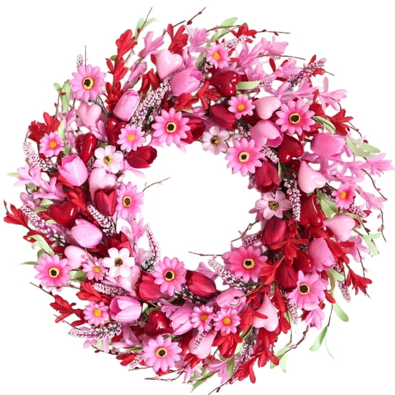 24 Inch Spring Valentines Day Flower Wreath for Front Door, Pink Heart Forsythia Flower Wreath for Indoor Outdoor Home Decor, Valentine Wedding Heart Floral Wreaths for Doors Windows, Walls