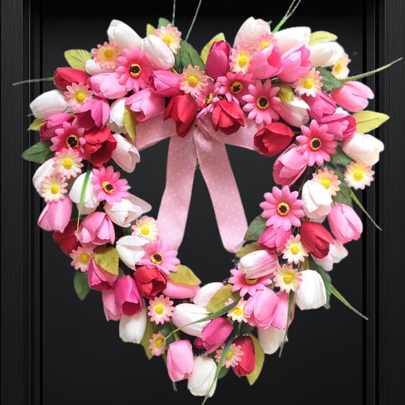 Tempus 20 inch Artificial Valentine Wreaths for Front Door Heart-Shaped Tulip Pink Daisy