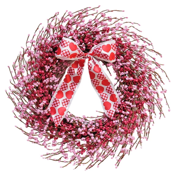 22 Inch Valentine's Day Wreath with Bow, Front Door Decor with Romantic Pink Red Accents for Wedding Anniversary Dinner Indoor Outdoor Home Decoration