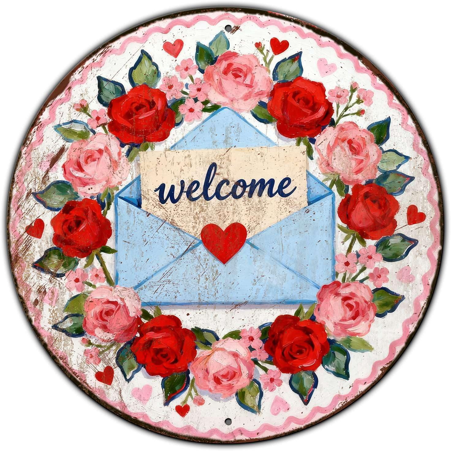 Valentines Day Wreath Metal Sign Round Welcome Design For Door Wall ...