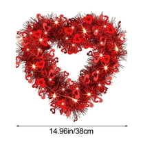 Valentines Day Wreaths with Lighted- 15'' Heart Wreaths for Front Door Valentines Decorations Heart Shaped Tinsel Wreath for Wedding Proposal Engagement Party