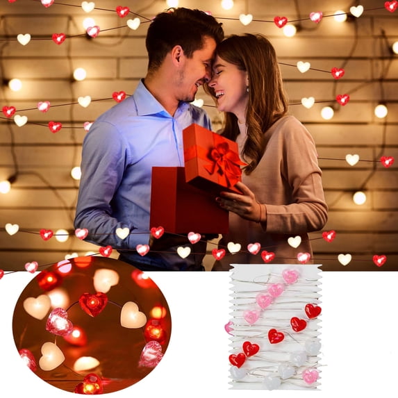 Valentines Decor 10FT Led Valentines Heart String Lights,Red Pink White Heart Lights String Battery Operated,Valentines Decorations Heart Fairy Lights Romantic Decor Home Bedroom,Mother's Day Gifts
